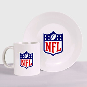 Набор: тарелка + кружка с принтом NFL в городе Новоалтайск, керамика | Кружка: объем — 330 мл, диаметр — 80 мм. Принт наносится на бока кружки, можно сделать два разных изображения. 
Тарелка: диаметр - 210 мм, диаметр для нанесения принта - 120 мм. | Тематика изображения на принте: американский футбол | регби