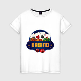Женская футболка хлопок с принтом Casino - Казино в городе Новоалтайск, 100% хлопок | прямой крой, круглый вырез горловины, длина до линии бедер, слегка спущенное плечо | casino | азарт | азартные игры | блек джек | игра | игральные кости | казино | карты | колода | кубики | лас вегас | рулетка | фишки