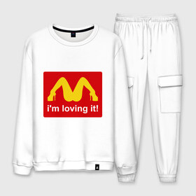 Мужской костюм хлопок с принтом i m lovin it! в городе Новоалтайск, 100% хлопок | на свитшоте круглая горловина, мягкая резинка по низу. Брюки заужены к низу, на них два вида карманов: два “обычных” по бокам и два объемных, с клапанами, расположенные ниже линии бедра. Брюки с мягкой трикотажной резинкой на поясе и по низу штанин. В поясе для дополнительного комфорта — широкие завязки | im lovin it | mcdonalds | быстрое питание | женские ноги | женщина | мак дональдс | макдональдс | ноги | фаст фуд | что я люблю