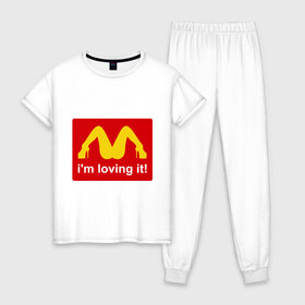 Женская пижама хлопок с принтом i m lovin it! в городе Новоалтайск, 100% хлопок | брюки и футболка прямого кроя, без карманов, на брюках мягкая резинка на поясе и по низу штанин | im lovin it | mcdonalds | быстрое питание | женские ноги | женщина | мак дональдс | макдональдс | ноги | фаст фуд | что я люблю