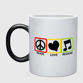 Кружка хамелеон с принтом Peace, Love, Reggae в городе Новоалтайск, керамика | меняет цвет при нагревании, емкость 330 мл | Тематика изображения на принте: reggae | знаки | люблю регги | любовь | меломан | наслажение | нота | регги