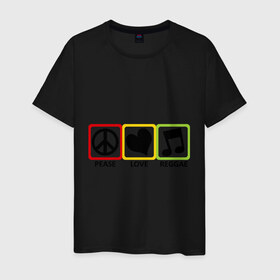 Мужская футболка хлопок с принтом Peace, Love, Reggae в городе Новоалтайск, 100% хлопок | прямой крой, круглый вырез горловины, длина до линии бедер, слегка спущенное плечо. | Тематика изображения на принте: reggae | знаки | люблю регги | любовь | меломан | наслажение | нота | регги