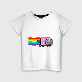 Детская футболка хлопок с принтом Nyan Cat в городе Новоалтайск, 100% хлопок | круглый вырез горловины, полуприлегающий силуэт, длина до линии бедер | Тематика изображения на принте: nyan cat | интернет приколы | кошка | нян кэт