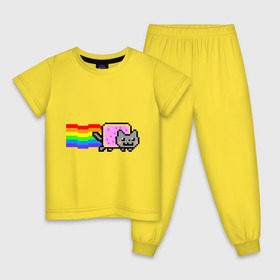 Детская пижама хлопок с принтом Nyan Cat в городе Новоалтайск, 100% хлопок |  брюки и футболка прямого кроя, без карманов, на брюках мягкая резинка на поясе и по низу штанин
 | Тематика изображения на принте: nyan cat | интернет приколы | кошка | нян кэт