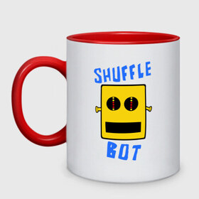 Кружка двухцветная с принтом SHUFFLE BOT в городе Новоалтайск, керамика | объем — 330 мл, диаметр — 80 мм. Цветная ручка и кайма сверху, в некоторых цветах — вся внутренняя часть | shuffle bot | бот | музыка | музыкальный автомат | робот