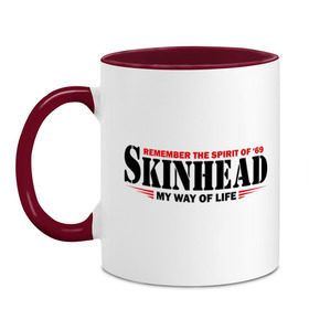 Кружка двухцветная с принтом Skinhead. Spirit of 69 в городе Новоалтайск, керамика | объем — 330 мл, диаметр — 80 мм. Цветная ручка и кайма сверху, в некоторых цветах — вся внутренняя часть | hardcore | skinhead | бритая голова | мой путь жизни | скинхед | скинхэд | хард кор