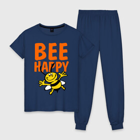 Женская пижама хлопок с принтом BeeHappy в городе Новоалтайск, 100% хлопок | брюки и футболка прямого кроя, без карманов, на брюках мягкая резинка на поясе и по низу штанин | веселая | насекомое | настроение | позитив | пчела | пчелка | счастливый | счастье | эмоции