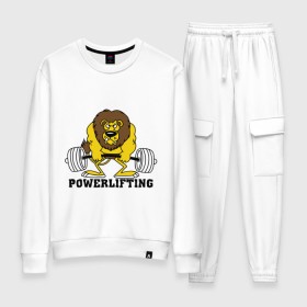 Женский костюм хлопок с принтом Лев Powerlifting в городе Новоалтайск, 100% хлопок | на свитшоте круглая горловина, мягкая резинка по низу. Брюки заужены к низу, на них два вида карманов: два 