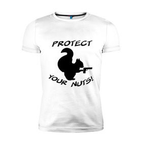 Мужская футболка премиум с принтом Protect your nuts в городе Новоалтайск, 92% хлопок, 8% лайкра | приталенный силуэт, круглый вырез ворота, длина до линии бедра, короткий рукав | белка | белочка | вооруженная | защищай | зверь | орехи | оружие | пистолет | свои