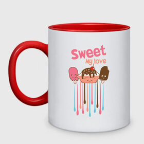 Кружка двухцветная с принтом Sweet my love в городе Новоалтайск, керамика | объем — 330 мл, диаметр — 80 мм. Цветная ручка и кайма сверху, в некоторых цветах — вся внутренняя часть | sweet my love | девушкам | для девушек | мороженное | мороженое | сладкая любовь | сладкое | сладости