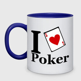 Кружка двухцветная с принтом poker love в городе Новоалтайск, керамика | объем — 330 мл, диаметр — 80 мм. Цветная ручка и кайма сверху, в некоторых цветах — вся внутренняя часть | i love poker | poker | азартные игры | карта | название меняем на  life with pokerлюблю покер | покер | туз | туз черви | я люблю покер