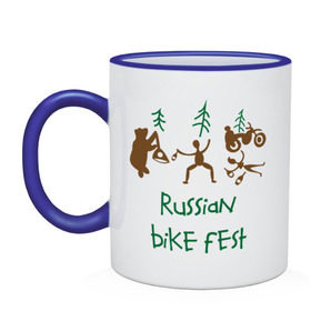 Кружка двухцветная с принтом Russian bike fest в городе Новоалтайск, керамика | объем — 330 мл, диаметр — 80 мм. Цветная ручка и кайма сверху, в некоторых цветах — вся внутренняя часть | russian bike fest | байк фест | байкерский фестиваль | для мотоциклистов | лес | медведи | мотоциклы