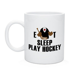 Кружка с принтом Eat sleep play hockey в городе Новоалтайск, керамика | объем — 330 мл, диаметр — 80 мм. Принт наносится на бока кружки, можно сделать два разных изображения | Тематика изображения на принте: hockey | nhl | ешь | играй в хоккей | нхл | спи | хоккей
