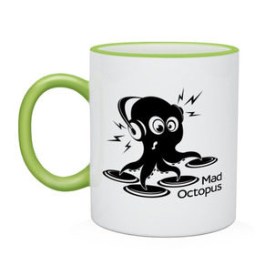 Кружка двухцветная с принтом Mad octopus в городе Новоалтайск, керамика | объем — 330 мл, диаметр — 80 мм. Цветная ручка и кайма сверху, в некоторых цветах — вся внутренняя часть | mad octopus | для клуба | животные | клубная музыка | клубные | музыка | осьминог