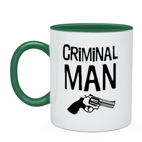 Кружка двухцветная с принтом Criminal man в городе Новоалтайск, керамика | объем — 330 мл, диаметр — 80 мм. Цветная ручка и кайма сверху, в некоторых цветах — вся внутренняя часть | бандит | бандиты | валера | для пацанов | криминал | пацанские | пацаны | пистолет | револьвер