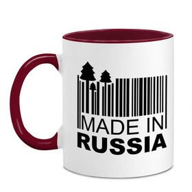 Кружка двухцветная с принтом Made in Russia штрихкод в городе Новоалтайск, керамика | объем — 330 мл, диаметр — 80 мм. Цветная ручка и кайма сверху, в некоторых цветах — вся внутренняя часть | made in russia | сделано в россии | че2012 | штрих код | штрихкод | я русский