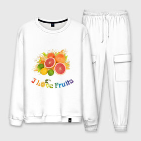 Мужской костюм хлопок с принтом i love fruits в городе Новоалтайск, 100% хлопок | на свитшоте круглая горловина, мягкая резинка по низу. Брюки заужены к низу, на них два вида карманов: два “обычных” по бокам и два объемных, с клапанами, расположенные ниже линии бедра. Брюки с мягкой трикотажной резинкой на поясе и по низу штанин. В поясе для дополнительного комфорта — широкие завязки | frut | апельсин | вкусное | грейпфрут | девушкам | лайм | лимон | фрукты | фрукты и ягоды