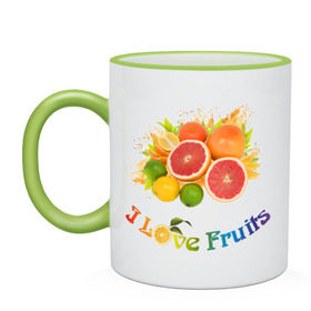 Кружка двухцветная с принтом i love fruits в городе Новоалтайск, керамика | объем — 330 мл, диаметр — 80 мм. Цветная ручка и кайма сверху, в некоторых цветах — вся внутренняя часть | Тематика изображения на принте: frut | апельсин | вкусное | грейпфрут | девушкам | лайм | лимон | фрукты | фрукты и ягоды