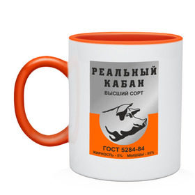 Кружка двухцветная с принтом Реальный кабан тушенка в городе Новоалтайск, керамика | объем — 330 мл, диаметр — 80 мм. Цветная ручка и кайма сверху, в некоторых цветах — вся внутренняя часть | реальный кабан тушенка | ссср | тушенка | я русский