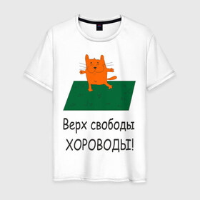 Мужская футболка хлопок с принтом Верх свободы - хороводы в городе Новоалтайск, 100% хлопок | прямой крой, круглый вырез горловины, длина до линии бедер, слегка спущенное плечо. | газон | животные | кот | котяра | поляна | природа | танцует