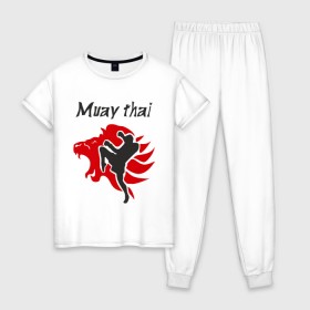 Женская пижама хлопок с принтом Muay thai в городе Новоалтайск, 100% хлопок | брюки и футболка прямого кроя, без карманов, на брюках мягкая резинка на поясе и по низу штанин | муай тай