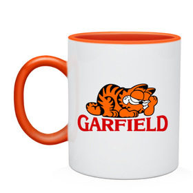 Кружка двухцветная с принтом Гарфилд (Garfield) в городе Новоалтайск, керамика | объем — 330 мл, диаметр — 80 мм. Цветная ручка и кайма сверху, в некоторых цветах — вся внутренняя часть | Тематика изображения на принте: garfild | кот | котяра | мультик | мультфильм
