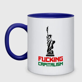 Кружка двухцветная с принтом Fucking Capitalism в городе Новоалтайск, керамика | объем — 330 мл, диаметр — 80 мм. Цветная ручка и кайма сверху, в некоторых цветах — вся внутренняя часть | Тематика изображения на принте: америка | капитализм | политические | соединенные штаты | статуя свободы | сша