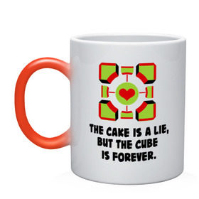 Кружка хамелеон с принтом The cake is a lie в городе Новоалтайск, керамика | меняет цвет при нагревании, емкость 330 мл | Тематика изображения на принте: portal | игры | портал