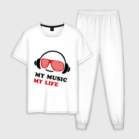 Мужская пижама хлопок с принтом My music my life в городе Новоалтайск, 100% хлопок | брюки и футболка прямого кроя, без карманов, на брюках мягкая резинка на поясе и по низу штанин
 | music | звуки | музыка | музыка моя жизнь | наушники | я люблю музыку