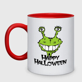 Кружка двухцветная с принтом Happy Halloween -монстрик в городе Новоалтайск, керамика | объем — 330 мл, диаметр — 80 мм. Цветная ручка и кайма сверху, в некоторых цветах — вся внутренняя часть | hallowen | helloveen | день всех святых | хэллоуин | хэлоуин