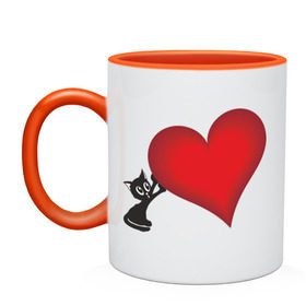 Кружка двухцветная с принтом Red heart cat в городе Новоалтайск, керамика | объем — 330 мл, диаметр — 80 мм. Цветная ручка и кайма сверху, в некоторых цветах — вся внутренняя часть | Тематика изображения на принте: 