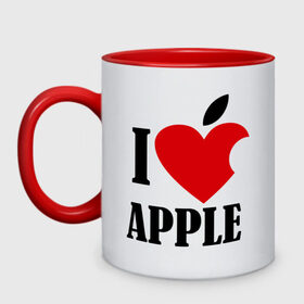 Кружка двухцветная с принтом i love apple с листиком в городе Новоалтайск, керамика | объем — 330 мл, диаметр — 80 мм. Цветная ручка и кайма сверху, в некоторых цветах — вся внутренняя часть | Тематика изображения на принте: apple | джобс | телефон | яблоко