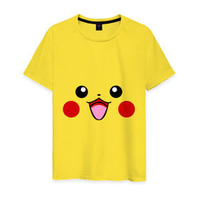 Мужская футболка хлопок с принтом Happy Pikachu в городе Новоалтайск, 100% хлопок | прямой крой, круглый вырез горловины, длина до линии бедер, слегка спущенное плечо. | happy pikachu | pikachu | пикачу | покемоны | счастливый пикачу