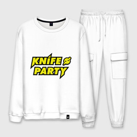 Мужской костюм хлопок с принтом Knife party в городе Новоалтайск, 100% хлопок | на свитшоте круглая горловина, мягкая резинка по низу. Брюки заужены к низу, на них два вида карманов: два “обычных” по бокам и два объемных, с клапанами, расположенные ниже линии бедра. Брюки с мягкой трикотажной резинкой на поясе и по низу штанин. В поясе для дополнительного комфорта — широкие завязки | dubstep | вечеринка | даб степ | дабстеп | музыка