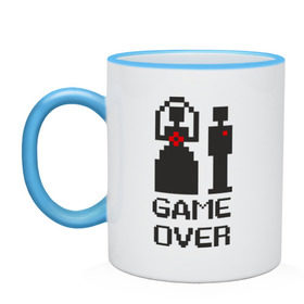 Кружка двухцветная с принтом жених и невеста   Game over   свадьба в городе Новоалтайск, керамика | объем — 330 мл, диаметр — 80 мм. Цветная ручка и кайма сверху, в некоторых цветах — вся внутренняя часть | жена | женитьба | загс | игра окончена | молодожены | муж | семья