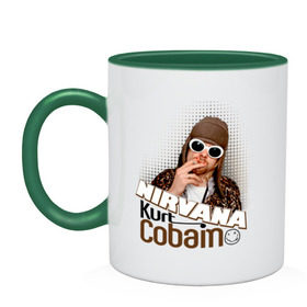 Кружка двухцветная с принтом Kurt Cobain в очках в городе Новоалтайск, керамика | объем — 330 мл, диаметр — 80 мм. Цветная ручка и кайма сверху, в некоторых цветах — вся внутренняя часть | kurt cobain | kurt cobain в очках | nirvana | музыка | нирвана