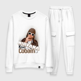 Женский костюм хлопок с принтом Kurt Cobain в очках в городе Новоалтайск, 100% хлопок | на свитшоте круглая горловина, мягкая резинка по низу. Брюки заужены к низу, на них два вида карманов: два 