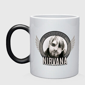 Кружка хамелеон с принтом Kurt Cobain с крыльями в городе Новоалтайск, керамика | меняет цвет при нагревании, емкость 330 мл | kurt cobain | nirvana | группы | курт кобейн | музыка | музыкальные группы. курт | нирвана