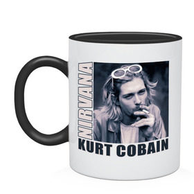 Кружка двухцветная с принтом Nirvana- Kurt Cobain в городе Новоалтайск, керамика | объем — 330 мл, диаметр — 80 мм. Цветная ручка и кайма сверху, в некоторых цветах — вся внутренняя часть | kurt cobain | nirvana | группы | курт кобейн | музыка | музыкальные группы. курт | нирвана
