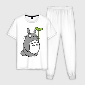 Мужская пижама хлопок с принтом TOTORO с листом в городе Новоалтайск, 100% хлопок | брюки и футболка прямого кроя, без карманов, на брюках мягкая резинка на поясе и по низу штанин
 | totoro | totoro с листом | аниме | тоторо