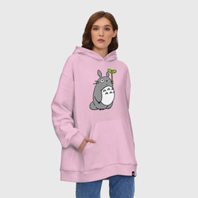 Худи SuperOversize хлопок с принтом TOTORO с листом в городе Новоалтайск, 70% хлопок, 30% полиэстер, мягкий начес внутри | карман-кенгуру, эластичная резинка на манжетах и по нижней кромке, двухслойный капюшон
 | totoro | totoro с листом | аниме | тоторо
