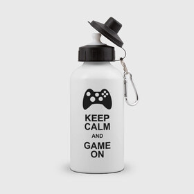 Бутылка спортивная с принтом Keep calm and game on в городе Новоалтайск, металл | емкость — 500 мл, в комплекте две пластиковые крышки и карабин для крепления | game on | keep calm | джойстик | игра | играй | приставка