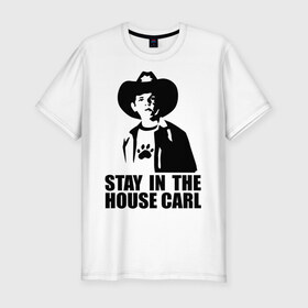 Мужская футболка премиум с принтом Walking dead - stay in the house Carl в городе Новоалтайск, 92% хлопок, 8% лайкра | приталенный силуэт, круглый вырез ворота, длина до линии бедра, короткий рукав | зомби