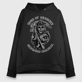 Женское худи Oversize хлопок с принтом Sons of anarchy logo в городе Новоалтайск, френч-терри — 70% хлопок, 30% полиэстер. Мягкий теплый начес внутри —100% хлопок | боковые карманы, эластичные манжеты и нижняя кромка, капюшон на магнитной кнопке | скелет | сыны анархии