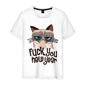 Мужская футболка хлопок с принтом Cat fuck you new year в городе Новоалтайск, 100% хлопок | прямой крой, круглый вырез горловины, длина до линии бедер, слегка спущенное плечо. | cat | год змеи | интернет приколы | кошка | новый год | новый год 2013 | приколы