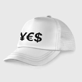 Детская кепка тракер с принтом YES в городе Новоалтайск, Козырек - 100% хлопок. Кепка - 100% полиэстер, Задняя часть - сетка | универсальный размер, пластиковая застёжка | euro | yes | бакс | да | деньги | доллар | евро | знак доллара | йена | работы