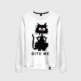 Женский свитшот хлопок с принтом Bite me (черный кот) в городе Новоалтайск, 100% хлопок | прямой крой, круглый вырез, на манжетах и по низу широкая трикотажная резинка  | киса | котенок