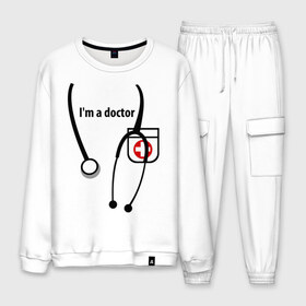 Мужской костюм хлопок с принтом I m doctor в городе Новоалтайск, 100% хлопок | на свитшоте круглая горловина, мягкая резинка по низу. Брюки заужены к низу, на них два вида карманов: два “обычных” по бокам и два объемных, с клапанами, расположенные ниже линии бедра. Брюки с мягкой трикотажной резинкой на поясе и по низу штанин. В поясе для дополнительного комфорта — широкие завязки | Тематика изображения на принте: doctor | врач | день медработника | доктор | медик | медицина | профессии