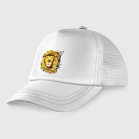 Детская кепка тракер с принтом Fearless lion в городе Новоалтайск, Козырек - 100% хлопок. Кепка - 100% полиэстер, Задняя часть - сетка | универсальный размер, пластиковая застёжка | Тематика изображения на принте: 23 февраля | бесстрашный лев | день защитника отечества | лев | мужской праздник | оружие | подарок на 23 февраля | принт
