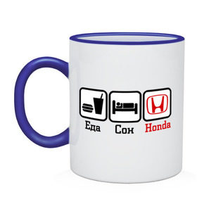 Кружка двухцветная с принтом Главное в жизни - еда, сон, honda. в городе Новоалтайск, керамика | объем — 330 мл, диаметр — 80 мм. Цветная ручка и кайма сверху, в некоторых цветах — вся внутренняя часть | honda | автомобилистам | автомобильные | главное в жизни | для автомобилистов | еда | сон | хонда